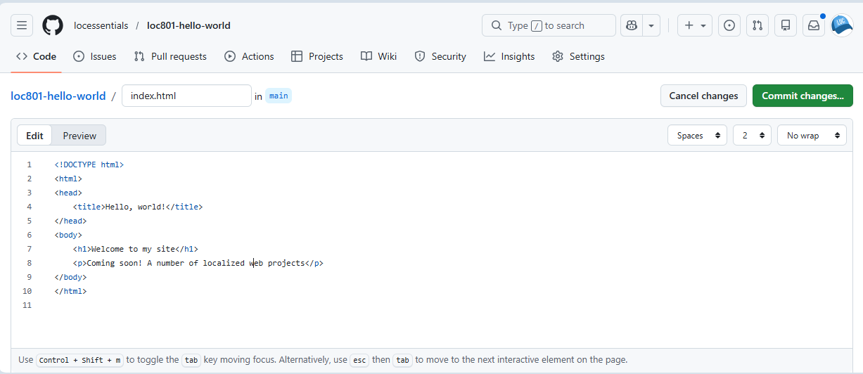 GitHub web interface showing the index.html file editor with basic HTML structure including Welcome to my site heading