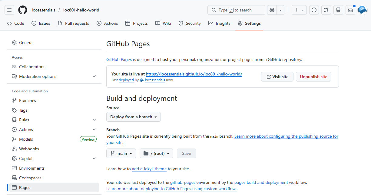 GitHub Pages settings page showing the site is live at locessentials.github.io/loc801-hello-world with deployment options
