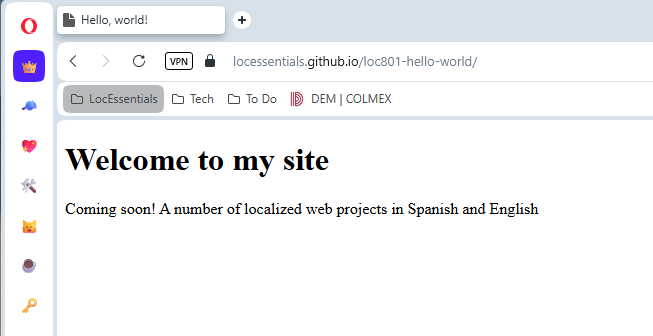 Browser window displaying the published website with Welcome to my site heading and text about upcoming localized web projects
