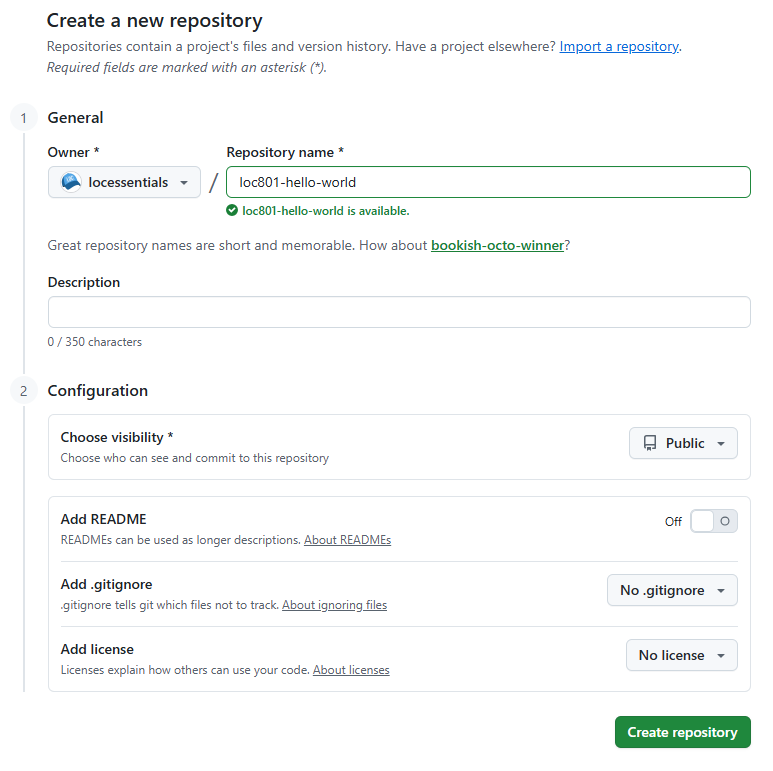 GitHub repository creation form with fields for repository name, description, visibility settings, and initialization options