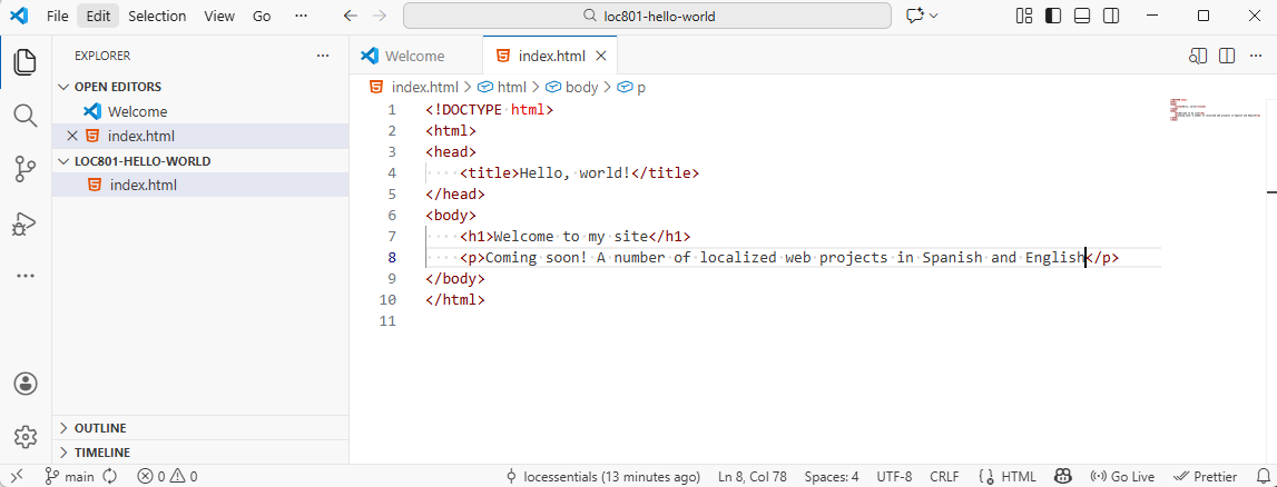 Visual Studio Code editor displaying index.html file with HTML code structure including welcome heading and paragraph about upcoming localized web projects