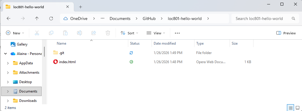 Windows File Explorer showing the loc801-hello-world folder containing a .git folder and index.html file