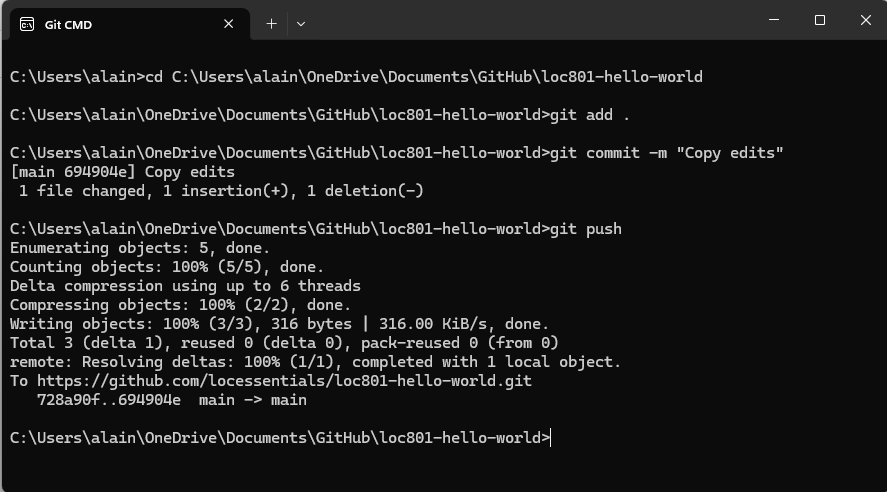 Terminal window showing git add, commit, and push commands with output confirming successful push to remote repository