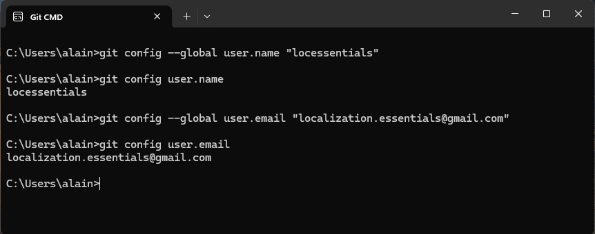 Terminal window showing git config commands setting global user name to locessentials and email to localization.essentials@gmail.com